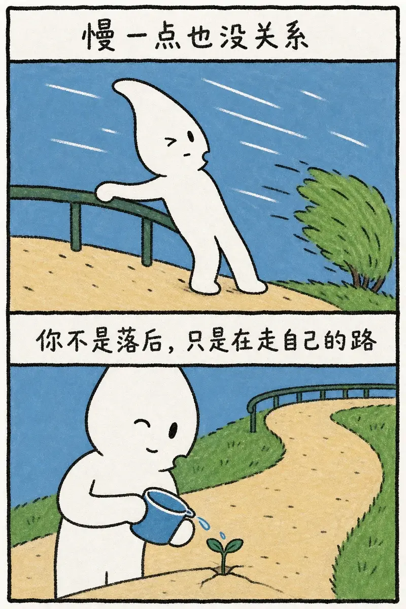 尖顶水滴角色在逆风中行走的白色软块双格漫画