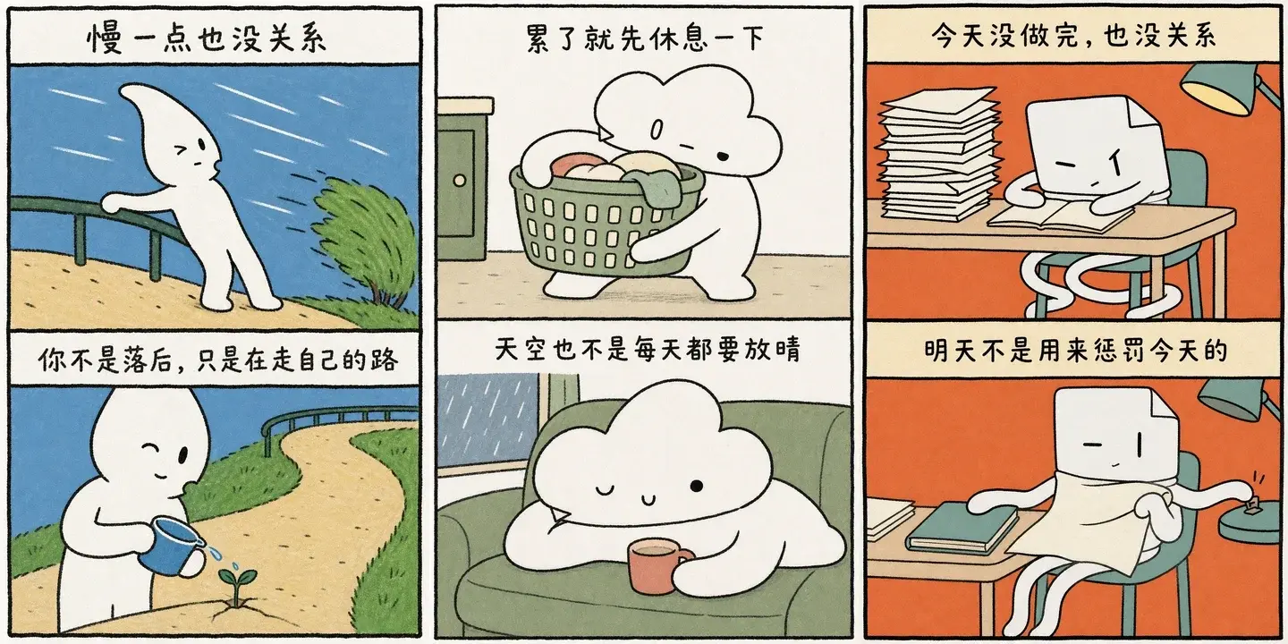 三个不同白色软块角色生成的治愈型双格漫画结果